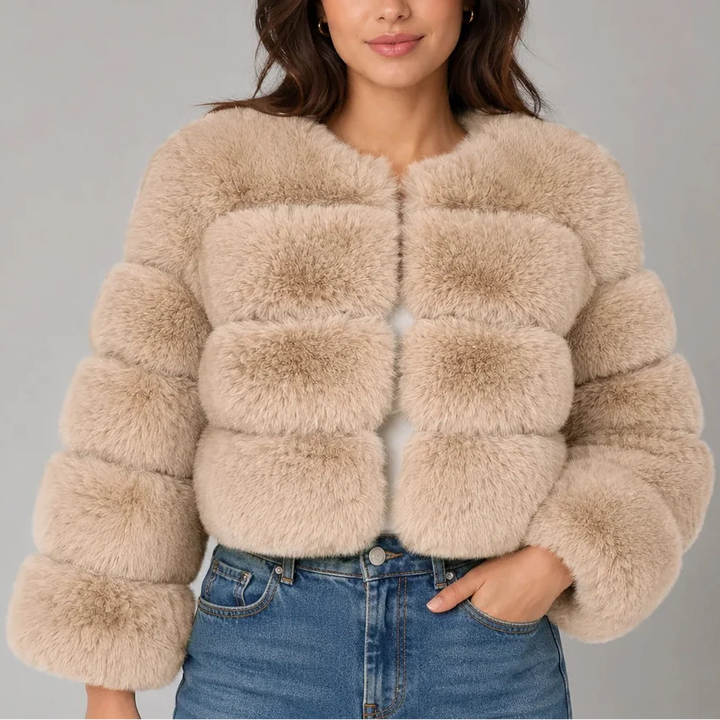 Women's Faux Fur Cropped Jacket with Round Neck