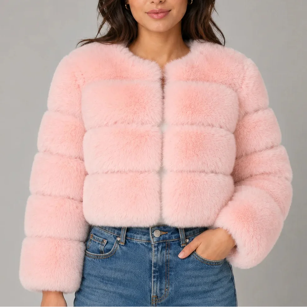 Women's Faux Fur Cropped Jacket with Round Neck
