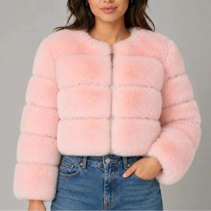 Women's Faux Fur Cropped Jacket with Round Neck
