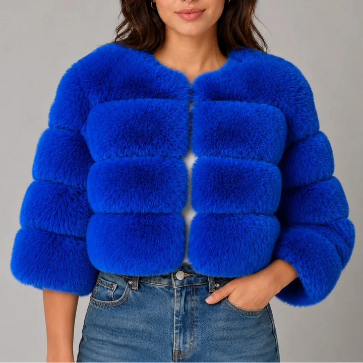 Women's Faux Fur Cropped Jacket with Round Neck