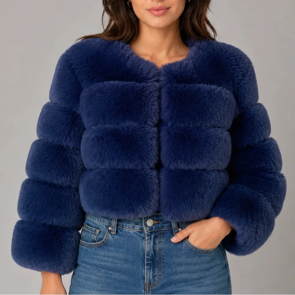Women's Faux Fur Cropped Jacket with Round Neck