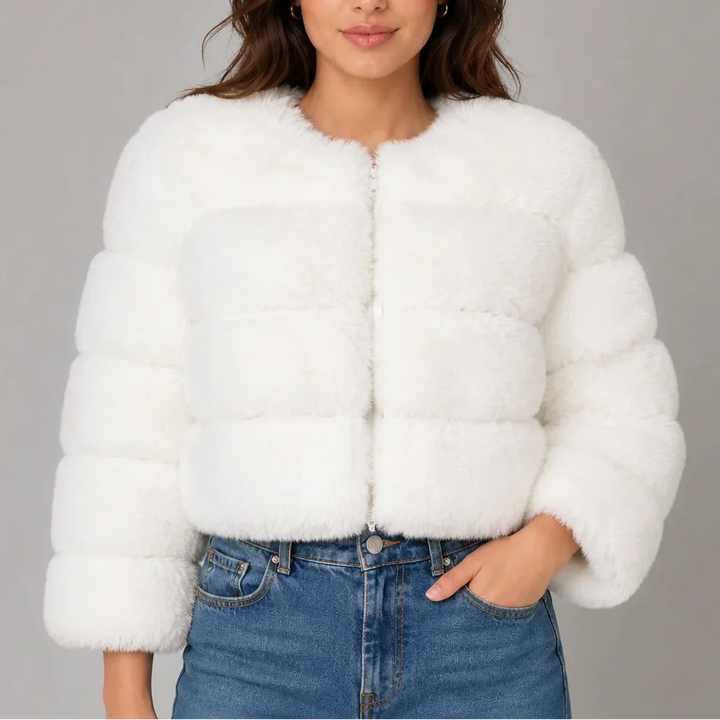 Women's Faux Fur Cropped Jacket with Round Neck
