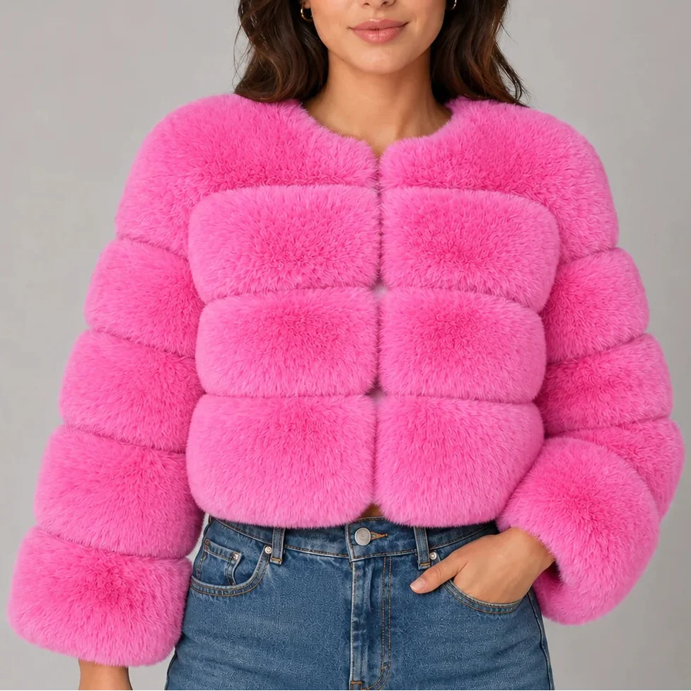 Women's Faux Fur Cropped Jacket with Round Neck