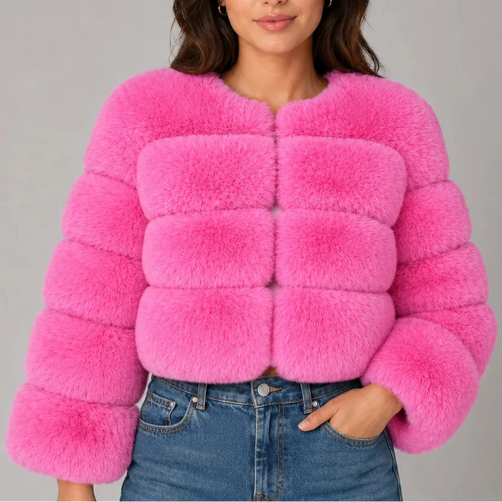 Women's Faux Fur Cropped Jacket with Round Neck