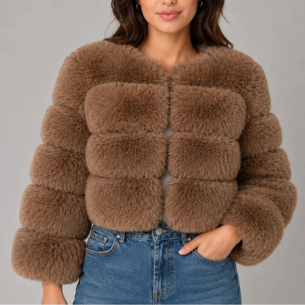 Women's Faux Fur Cropped Jacket with Round Neck