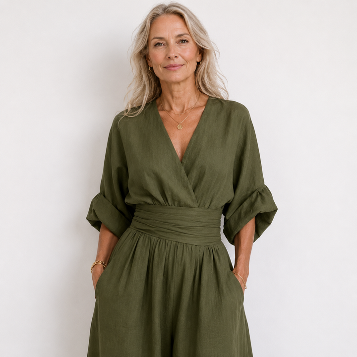 Women's Linen Wrap V-Neck Wide-Leg Jumpsuit