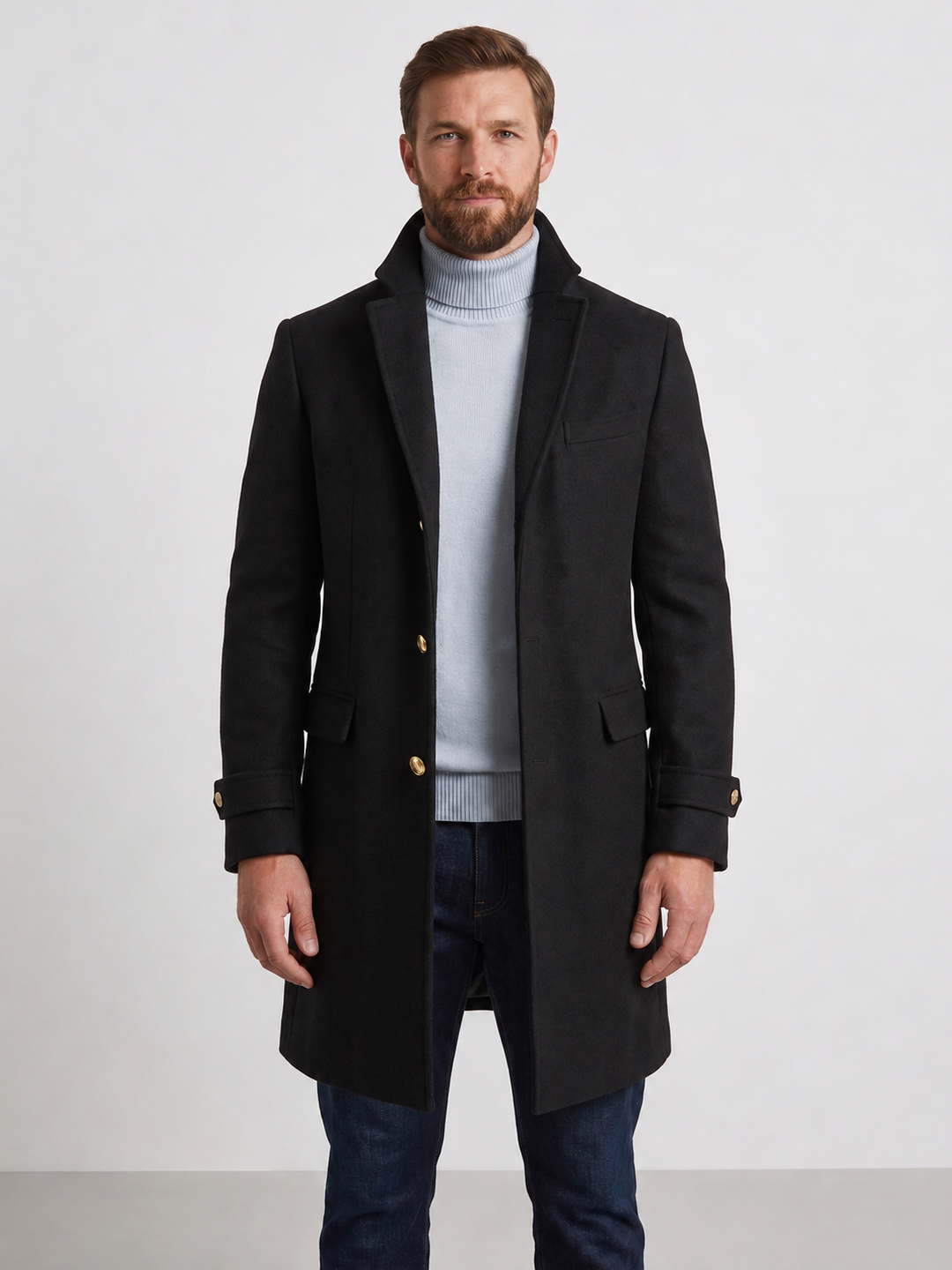 Men's Tailored Mid-Length Winter Coat with Button Fastening