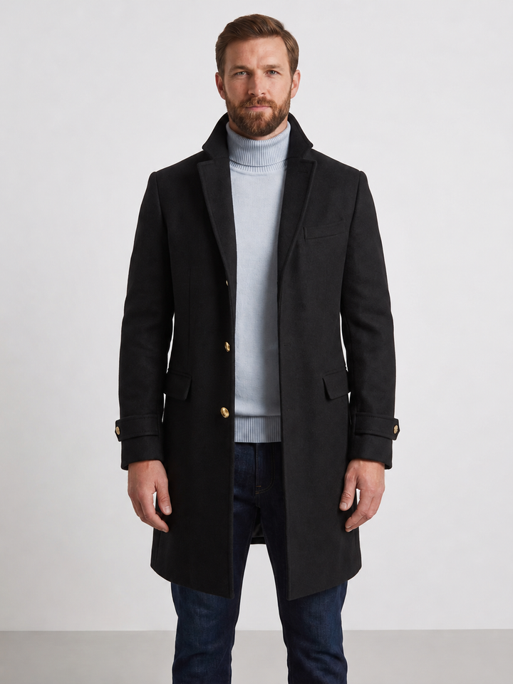 Men's Tailored Mid-Length Winter Coat with Button Fastening
