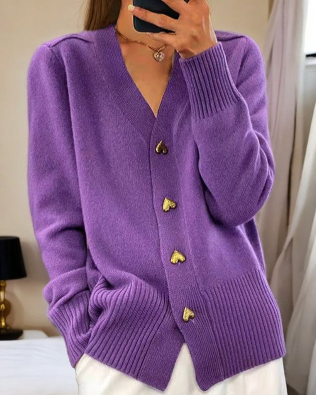 Jasmine | Heart Button V Neck Knit Cardigan