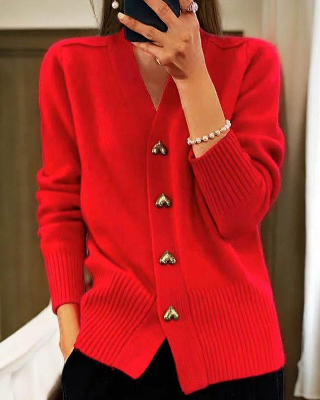 Jasmine | Heart Button V Neck Knit Cardigan
