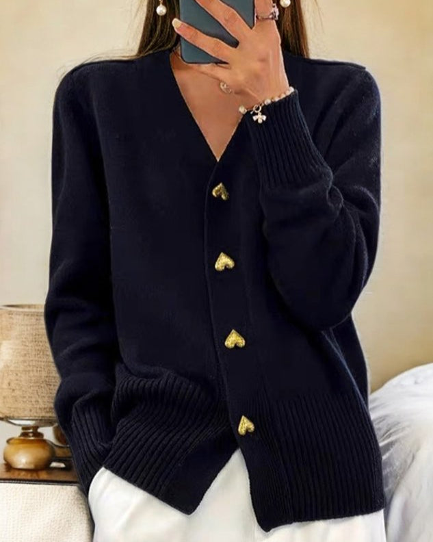 Jasmine | Heart Button V Neck Knit Cardigan