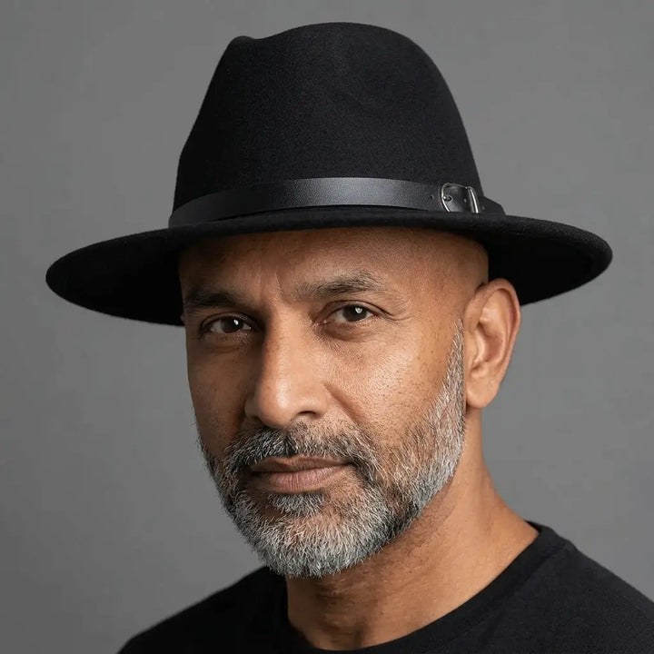 Wide Brim Fedora Hat with Buckle Strap Trim