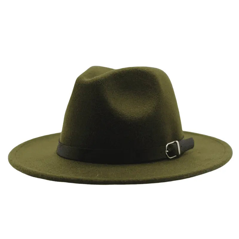 Wide Brim Fedora Hat with Buckle Strap Trim