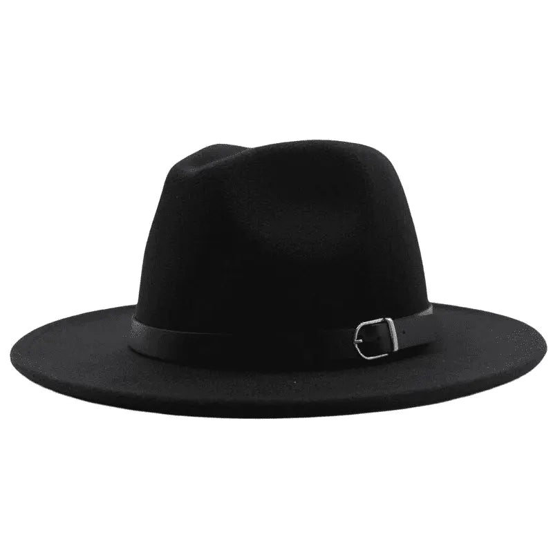 Wide Brim Fedora Hat with Buckle Strap Trim