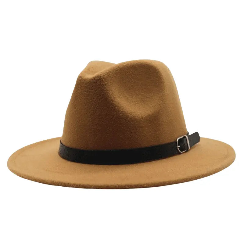 Wide Brim Fedora Hat with Buckle Strap Trim