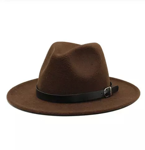 Wide Brim Fedora Hat with Buckle Strap Trim