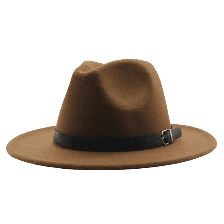 Wide Brim Fedora Hat with Buckle Strap Trim
