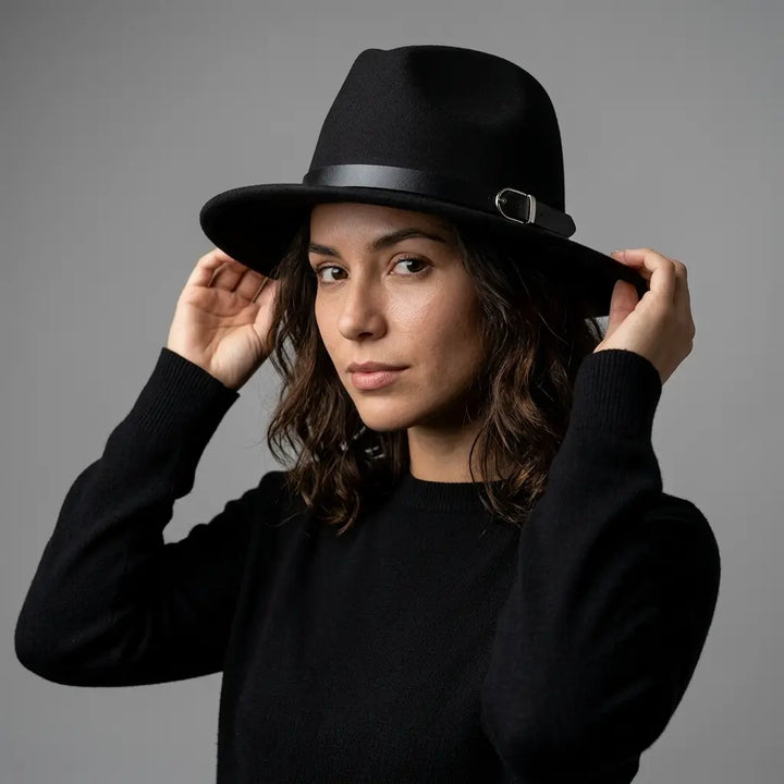 Wide Brim Fedora Hat with Buckle Strap Trim