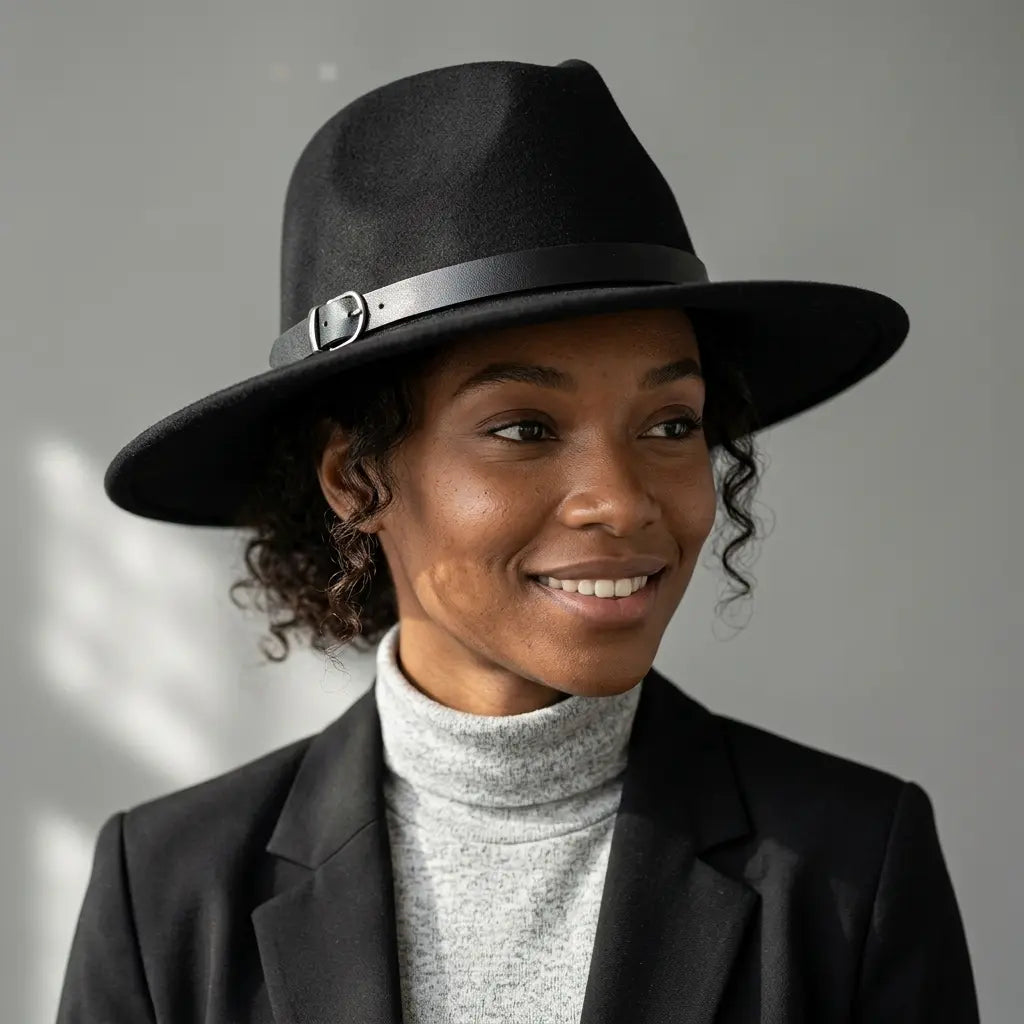 Wide Brim Fedora Hat with Buckle Strap Trim