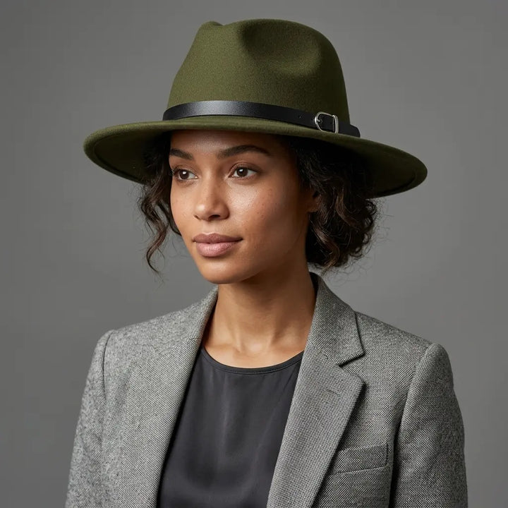 Wide Brim Fedora Hat with Buckle Strap Trim