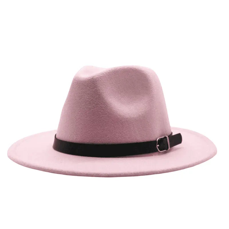 Wide Brim Fedora Hat with Buckle Strap Trim
