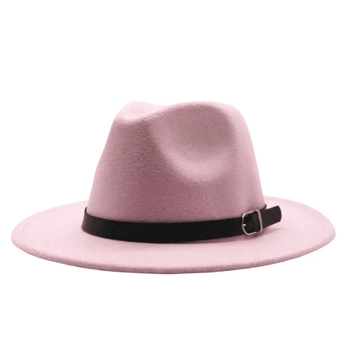 Wide Brim Fedora Hat with Buckle Strap Trim