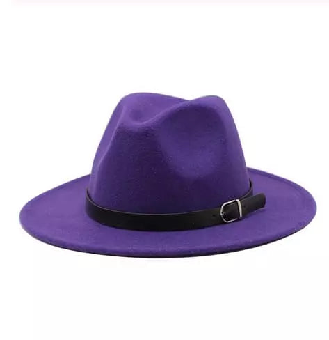 Wide Brim Fedora Hat with Buckle Strap Trim