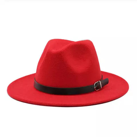 Wide Brim Fedora Hat with Buckle Strap Trim