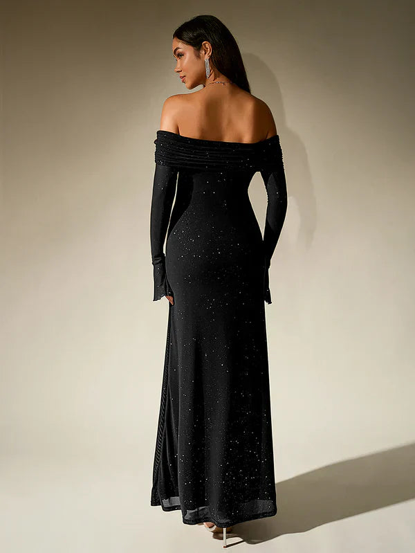 Selene | Glitter Off Shoulder Evening Maxi Dress