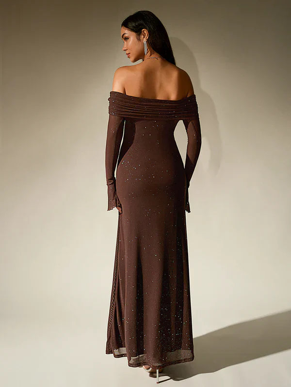 Selene | Glitter Off Shoulder Evening Maxi Dress