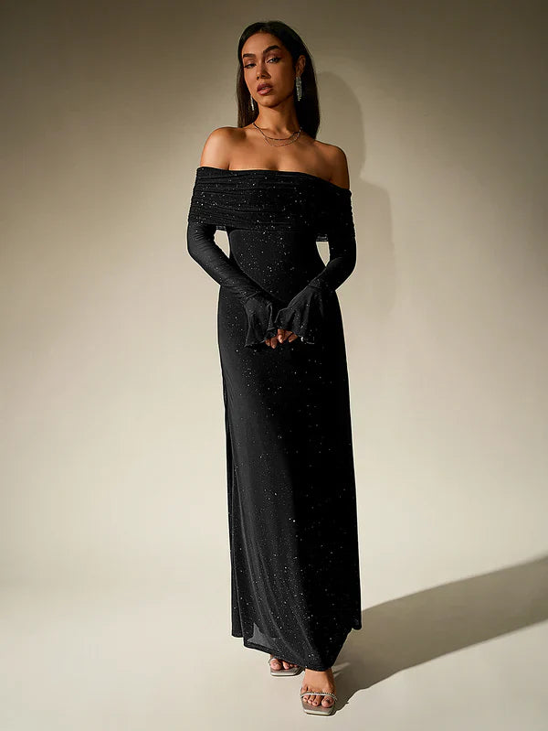 Selene | Glitter Off Shoulder Evening Maxi Dress