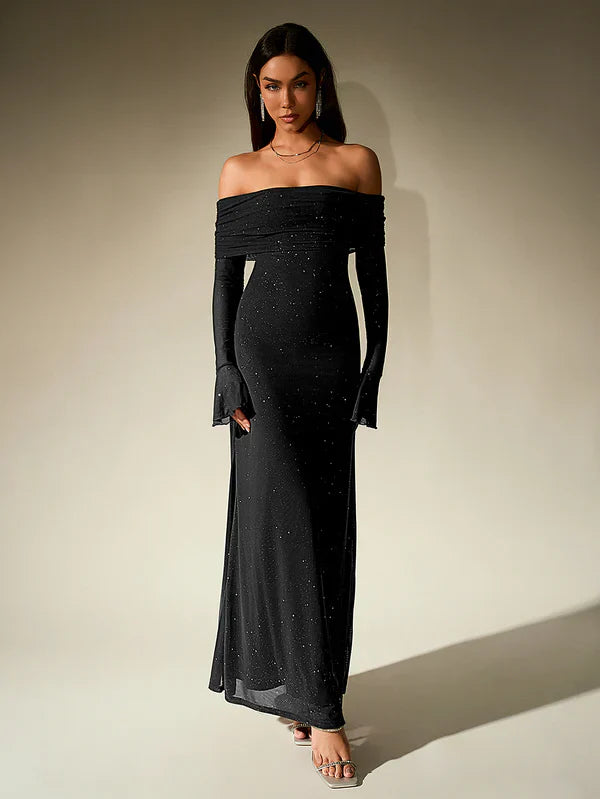 Selene | Glitter Off Shoulder Evening Maxi Dress