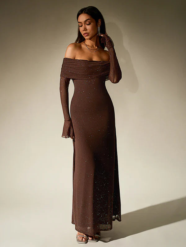 Selene | Glitter Off Shoulder Evening Maxi Dress