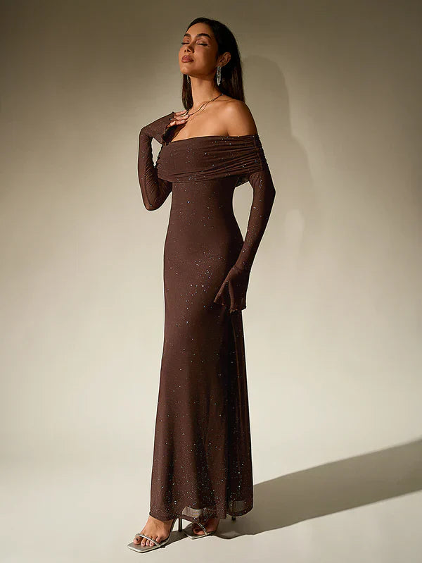 Selene | Glitter Off Shoulder Evening Maxi Dress
