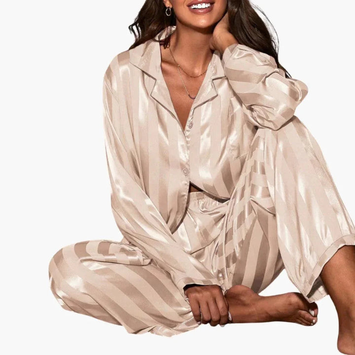 Women's Satin Striped Pyjama Set with Button Top