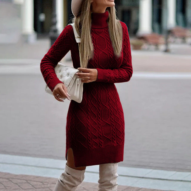 Women's Cable Knit Roll Neck Jumper Dress with Long Sleeves