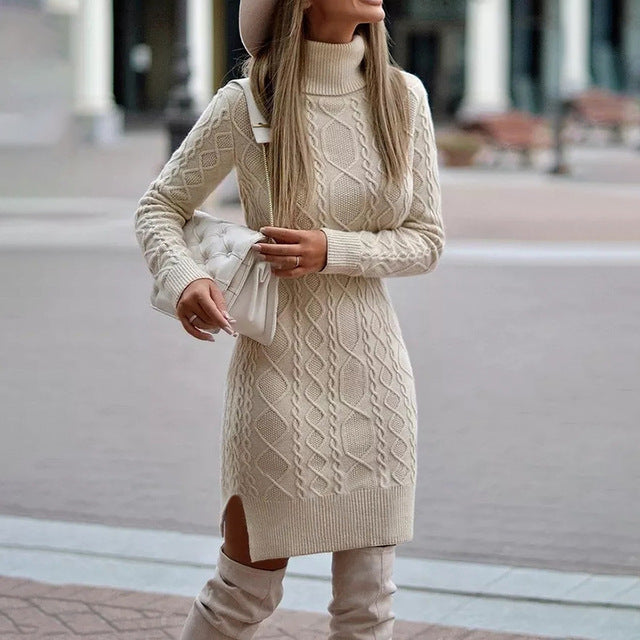 Women's Cable Knit Roll Neck Jumper Dress with Long Sleeves