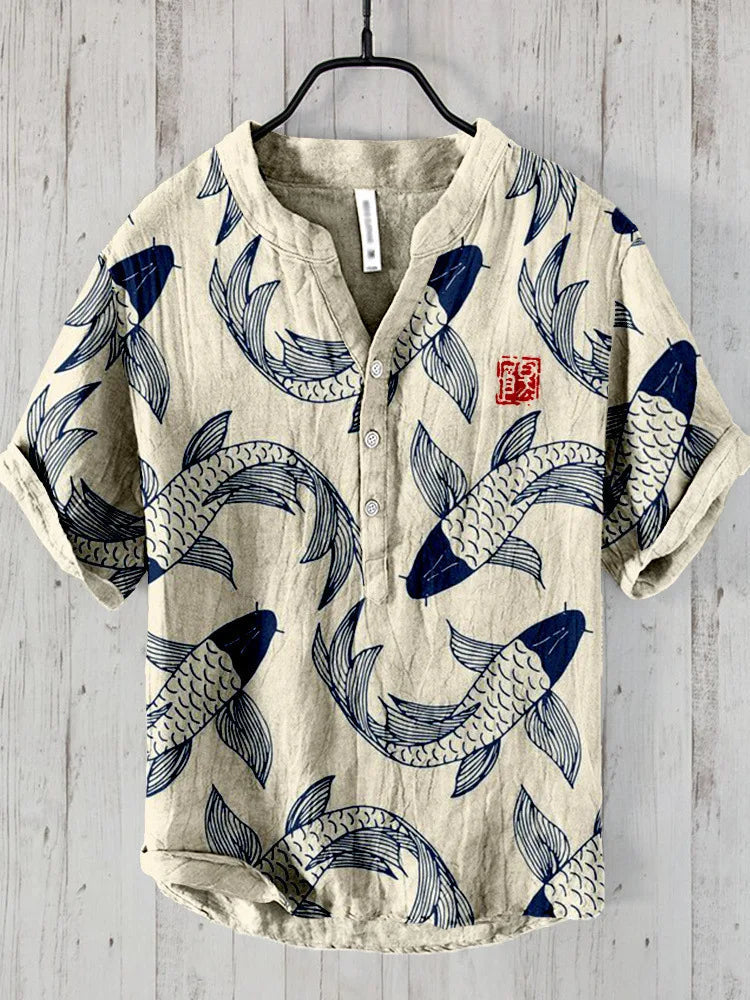 Men's Fish Print Linen Shirt