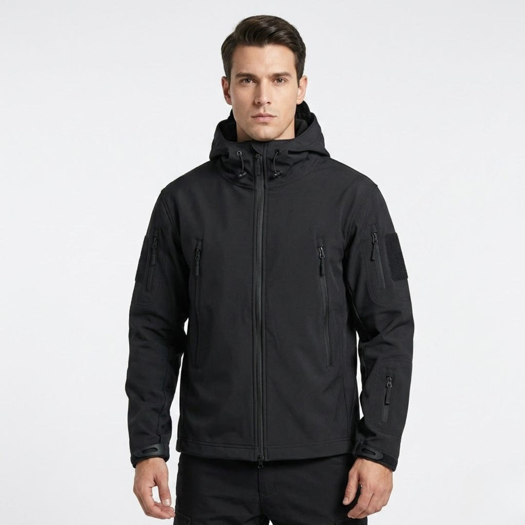 Men's Softshell Tactical Jacket with Multi-Pocket Hood