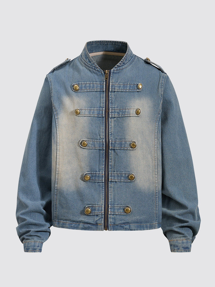 Men's Washed Denim Military Jacket with Stand Collar