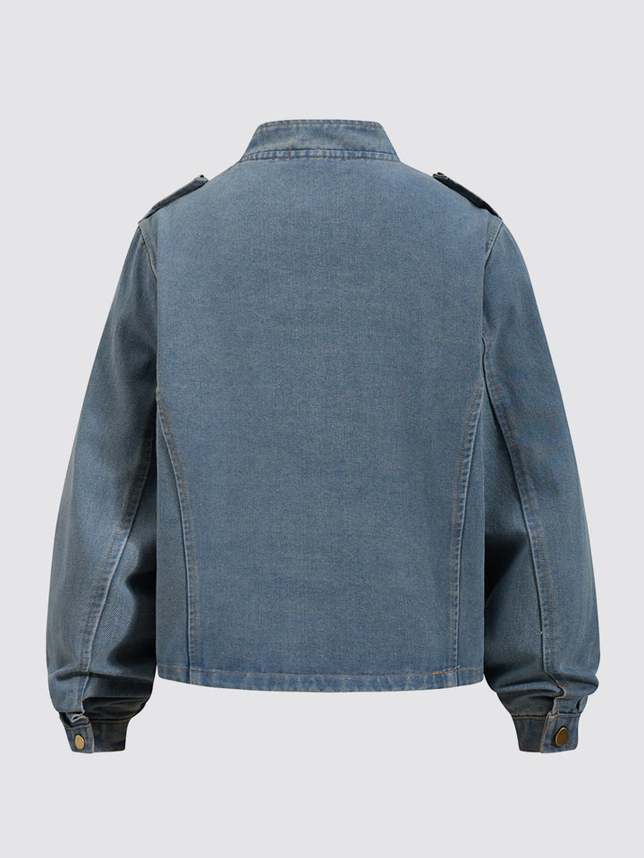 Men's Washed Denim Military Jacket with Stand Collar