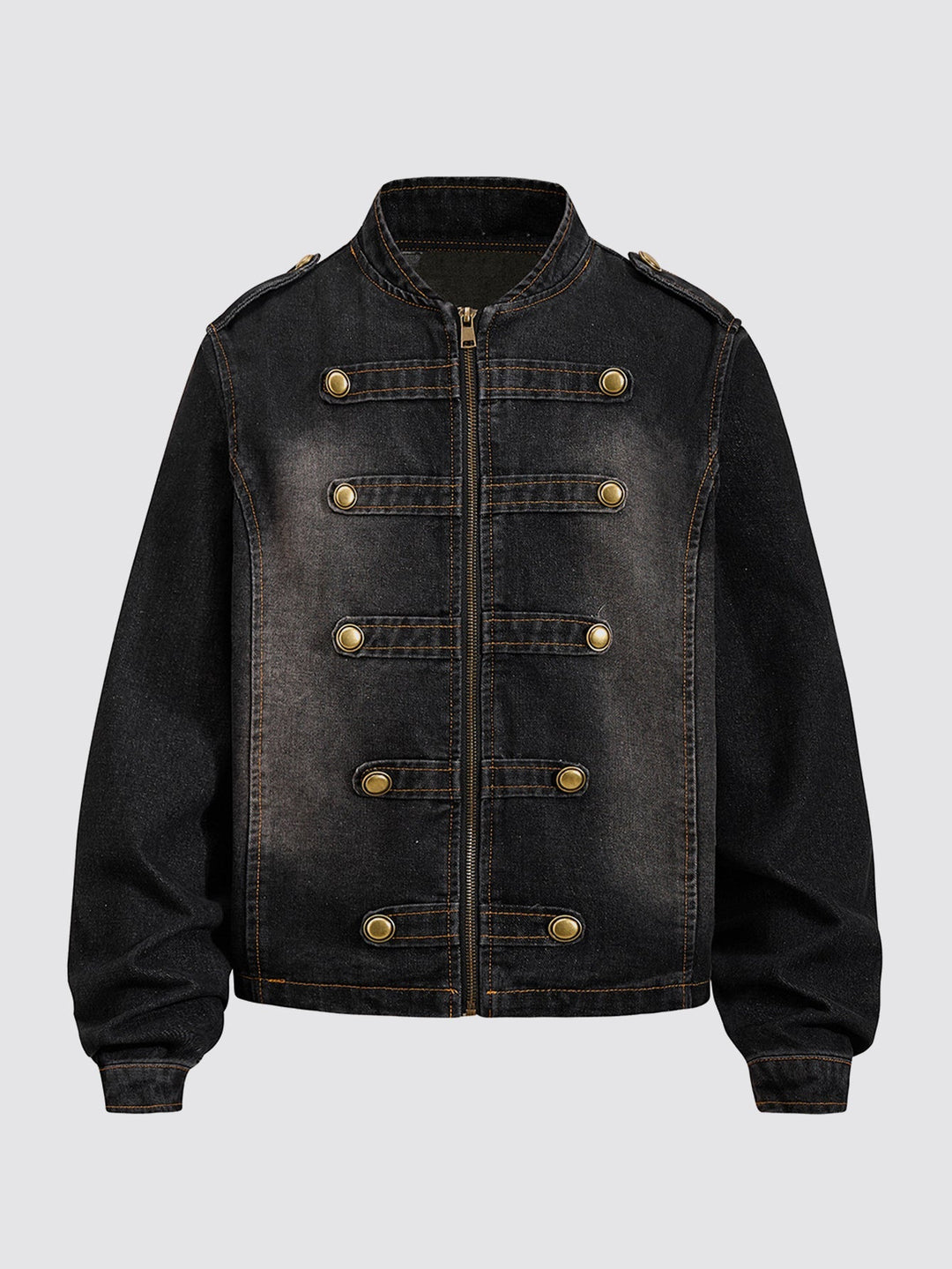 Men's Washed Denim Military Jacket with Stand Collar