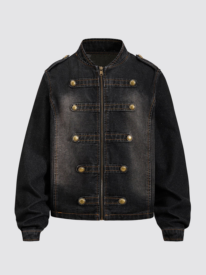 Men's Washed Denim Military Jacket with Stand Collar