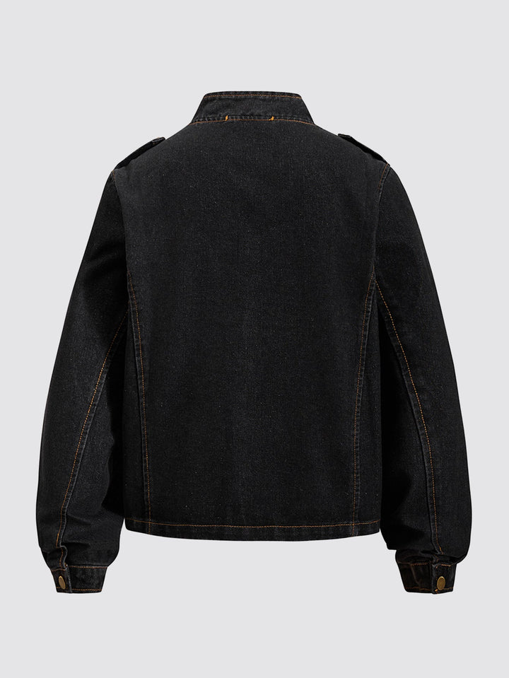 Men's Washed Denim Military Jacket with Stand Collar