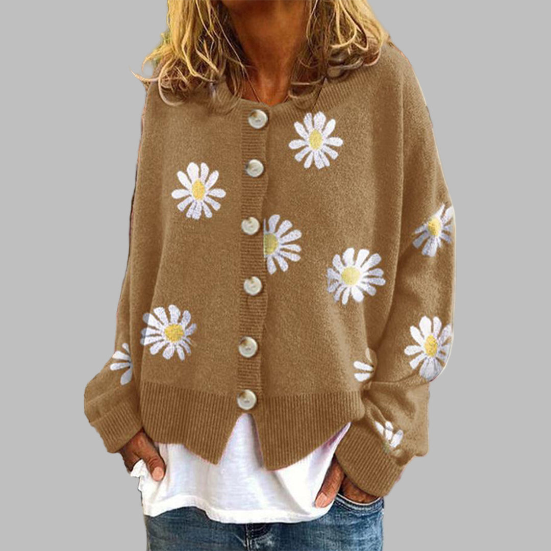 Women's Daisy Embroidery Button-Front Cardigan in Relaxed Fit