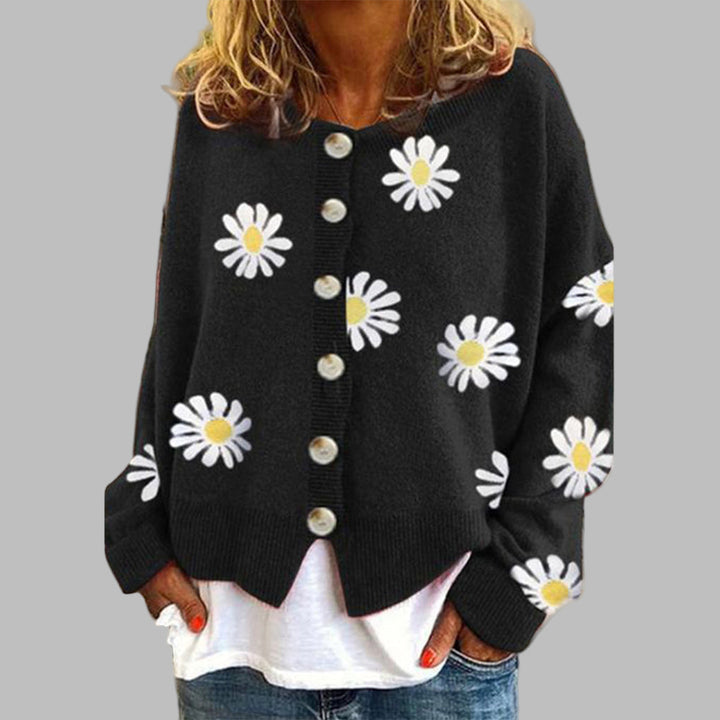 Women's Daisy Embroidery Button-Front Cardigan in Relaxed Fit