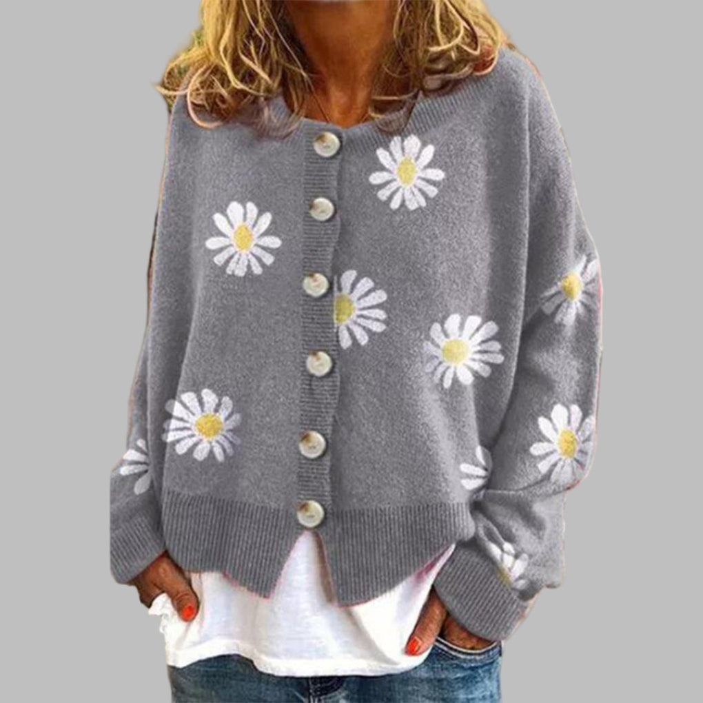 Women's Daisy Embroidery Button-Front Cardigan in Relaxed Fit
