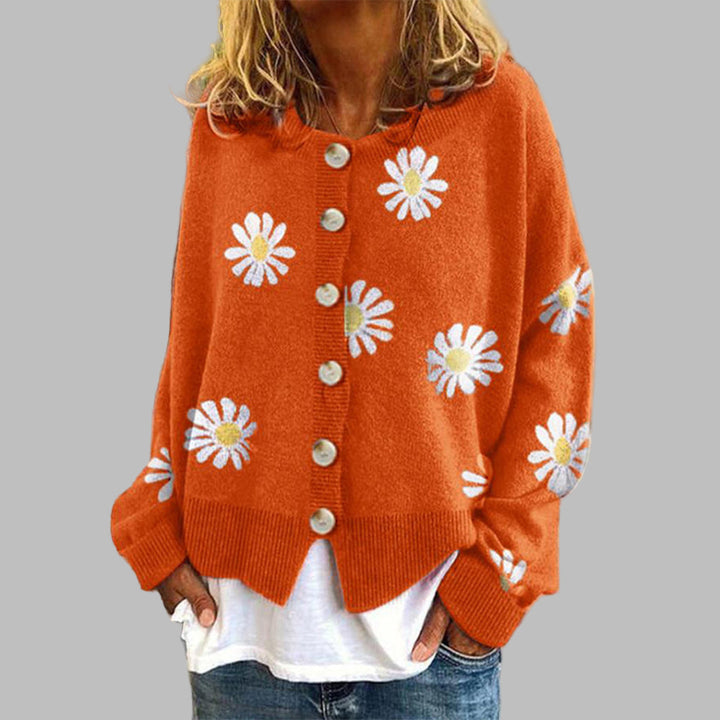 Women's Daisy Embroidery Button-Front Cardigan in Relaxed Fit