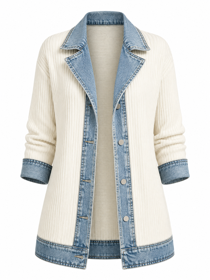 Women's Denim Ribbed Knit Jacket with Layered Collar