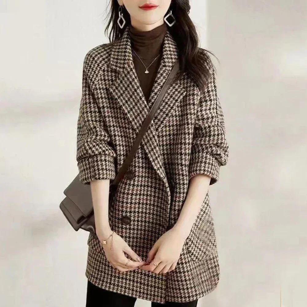 Women's Houndstooth Double-Breasted Blazer Coat